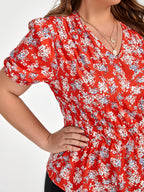 Plus Red Floral Puff Sleeve Elastic Waist Blouse