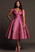 Xpluswear Design Plus Size Cocktail Party Elegant Hot Pink V Neck Pocket Pleated Satin Midi Dresses