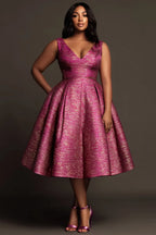 Xpluswear Design Plus Size Cocktail Party Elegant Hot Pink V Neck Pocket Pleated Satin Midi Dresses