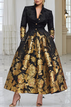 Xpluswear Design Plus Size Churchs Black Graphic Long Sleeve Pocket Elegant Button Satin Maxi Dresses