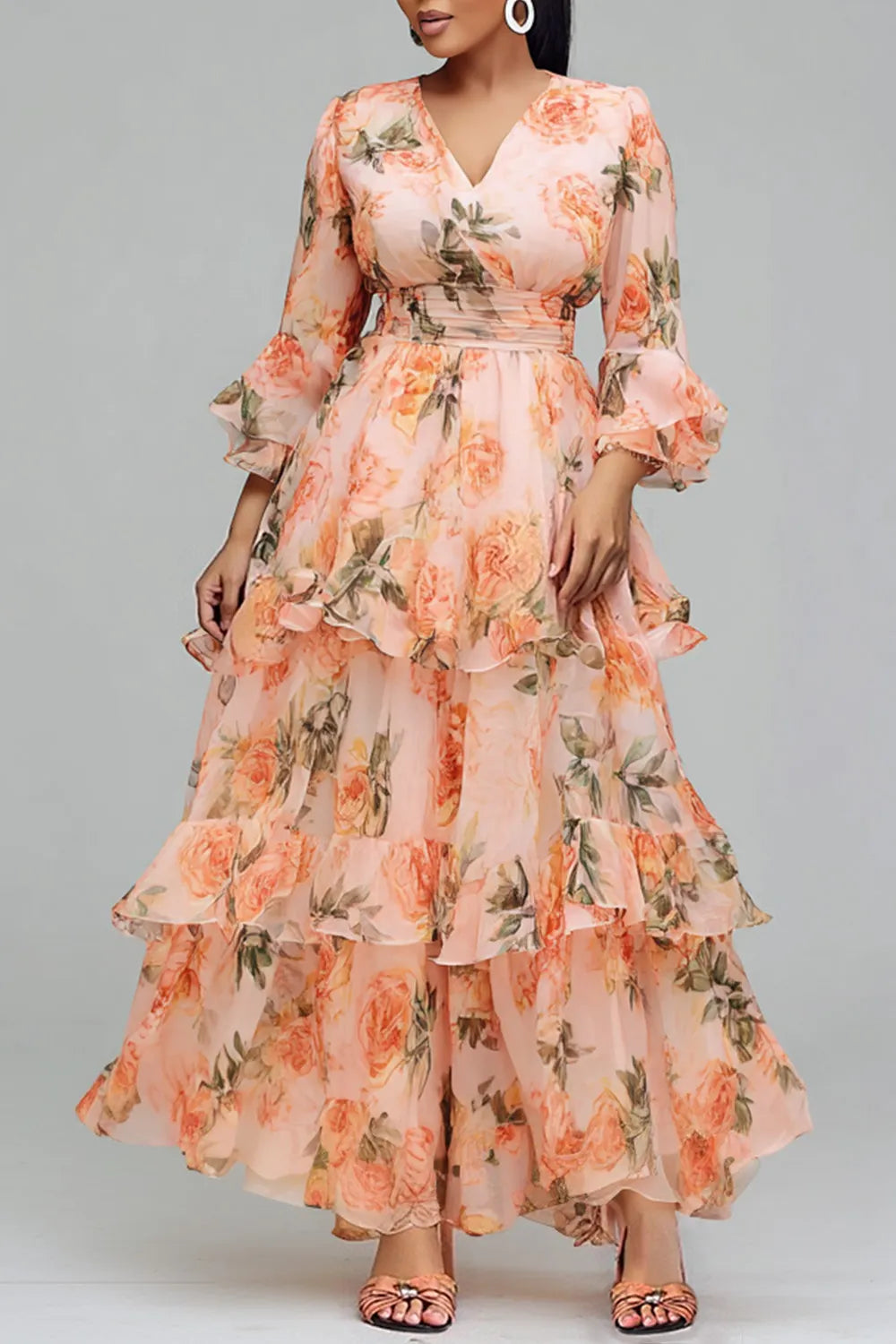 Xpluswear Design Plus Size Wedding Guest Peach All Over Print V Neck 3/4 Sleeve Ruffle Tiered Chiffon Maxi Dresses