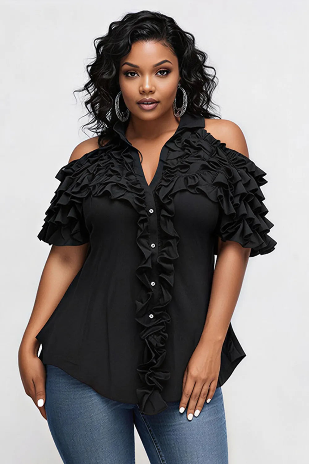 Xpluswear Design Plus Size Business Casual Black Shirt Collar Cold Shoulder Short Sleeve Ruffle Tiered Blouses