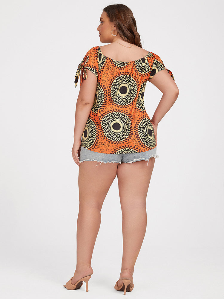 Plus Orange Tropical Print Tie Sleeve Blouse