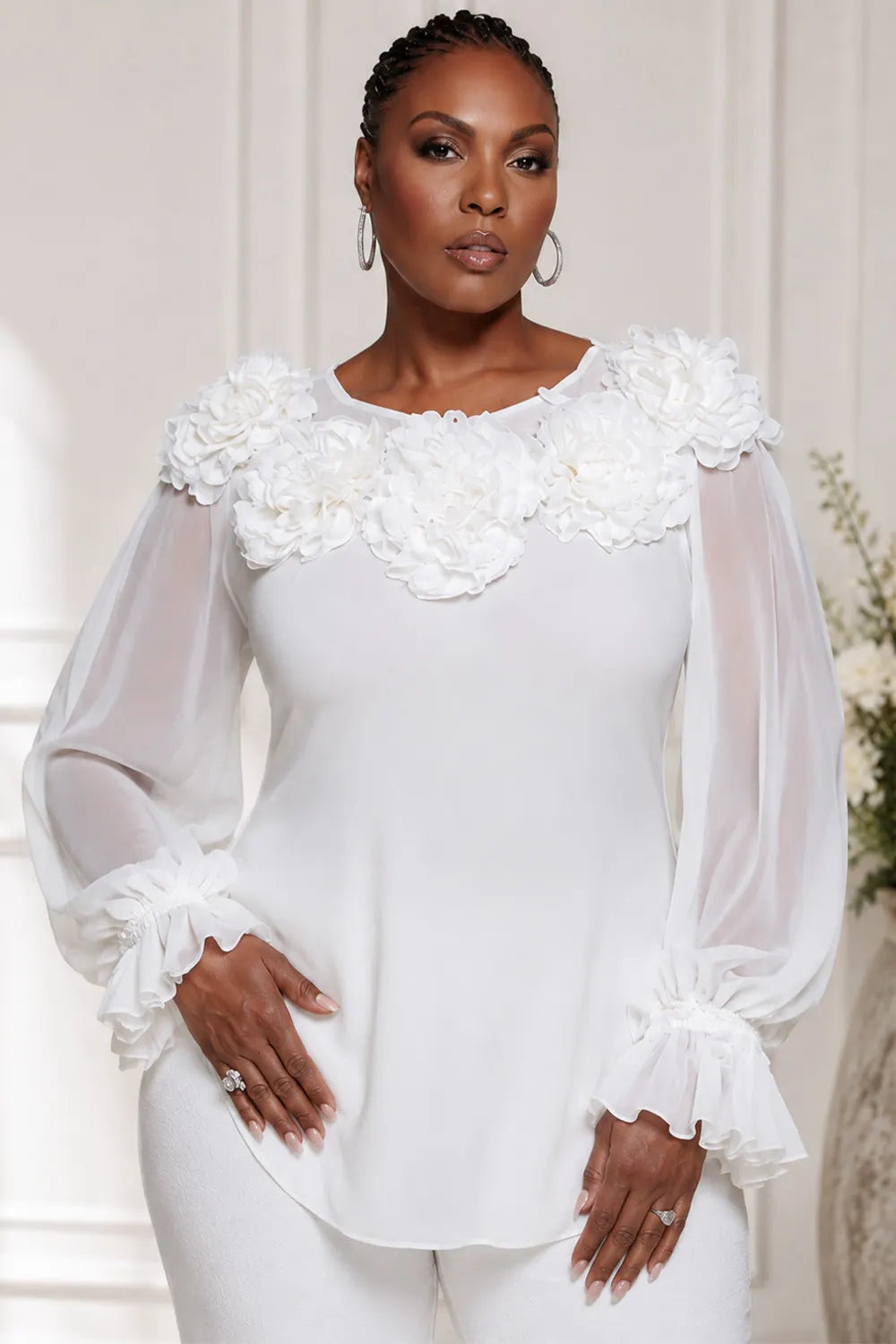 Xpluswear Design Plus Size Daily White Round Neck Lantern Sleeve Long Sleeve 3D See Through Chiffon Blouses [Pre-Order]