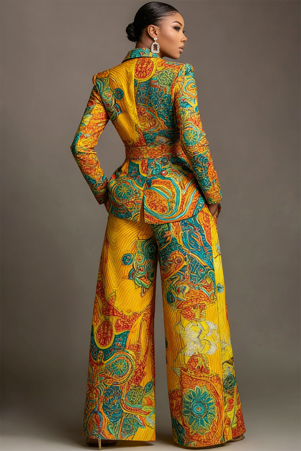 Xpluswear Design Plus Size Formal Yellow African Print Lapel Collar Long Sleeve Pocket Wide Leg Two Piece Pant Suits