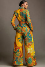 Xpluswear Design Plus Size Formal Yellow African Print Lapel Collar Long Sleeve Pocket Wide Leg Two Piece Pant Suits