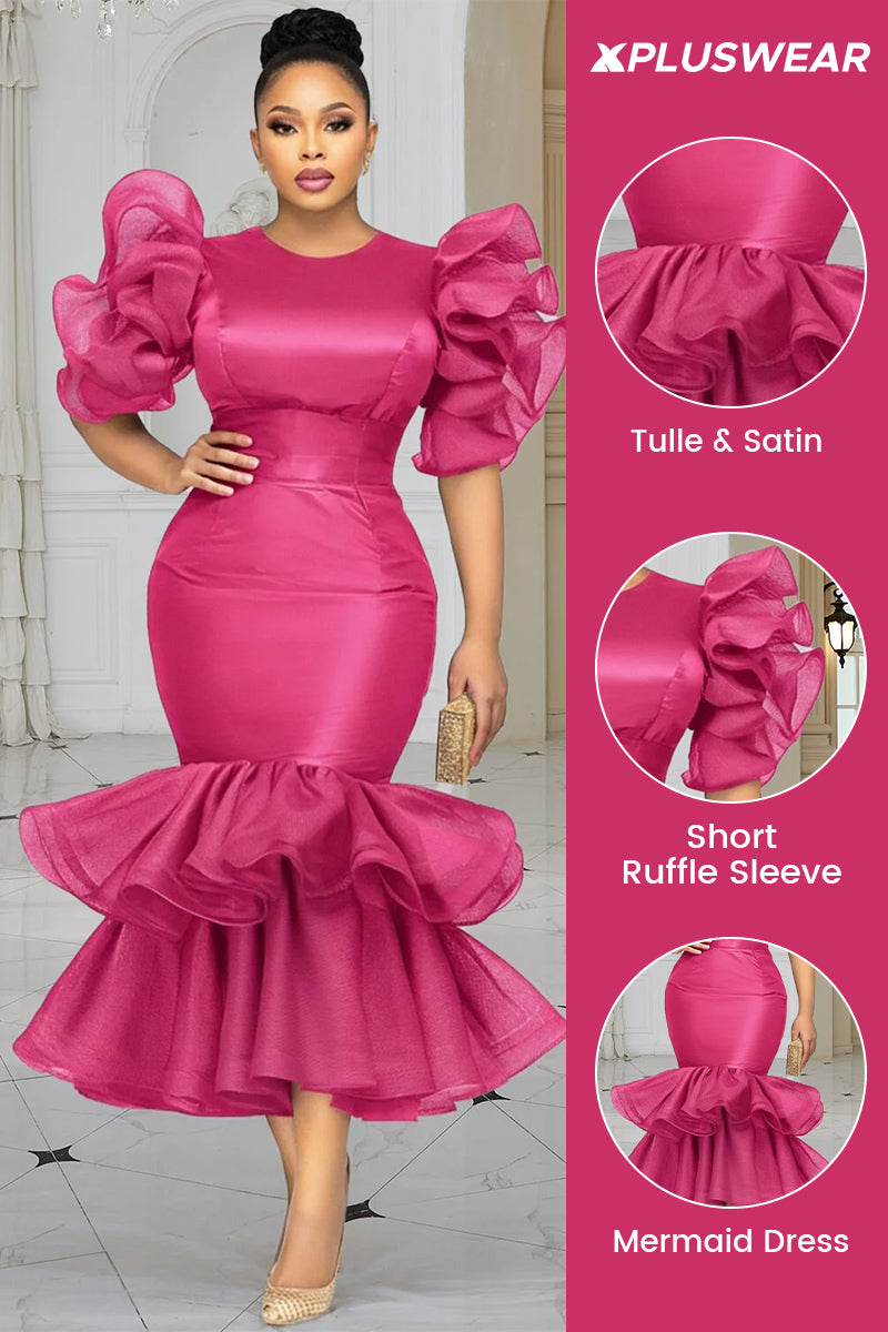Xpluswear Design Plus Size Wedding Guest Tulle Hot Pink Round Neck Short Sleeve Ruffle Tiered Satin Midi Dresses