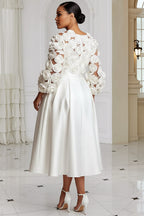 Xpluswear Design Plus Size Wedding White Round Neck 3/4 Sleeve 3D Elegant Pocket Satin Midi Dresses