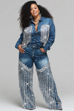 Xpluswear Design Plus Size Festival Blue Shirt Collar Long Sleeve Strappy Casual Drilling Denim Jacket