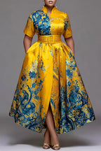 Xpluswear Design Plus Size Formal Yellow All Over Print Stand-Up Collar Short Sleeve Wrap Pocket Satin Midi Dresses