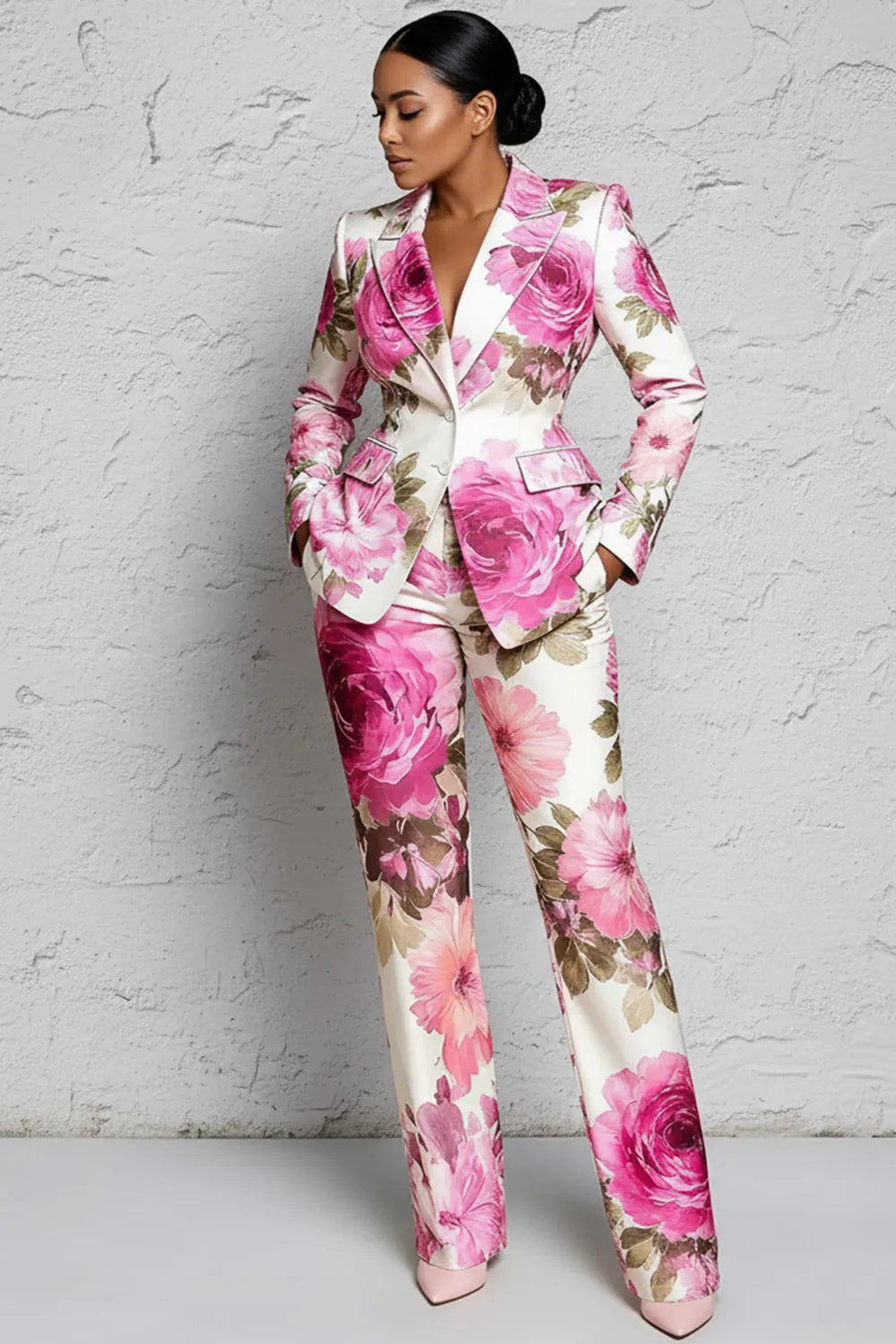 Xpluswear Design Plus Size Formal Yellow Floral Lapel Collar Long Sleeve Pocket Two Piece Pant Suits