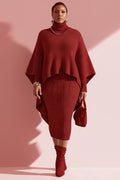 Xpluswear Design Plus Size Business Casual Burgundy High Collar Cape Sleeve Long Sleeve Bodycon Elegant Asymmetric Hem Irregular Hem Knitted Two Piece Dress Set
