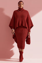 Xpluswear Design Plus Size Business Casual Burgundy High Collar Cape Sleeve Long Sleeve Bodycon Elegant Asymmetric Hem Irregular Hem Knitted Two Piece Dress Set