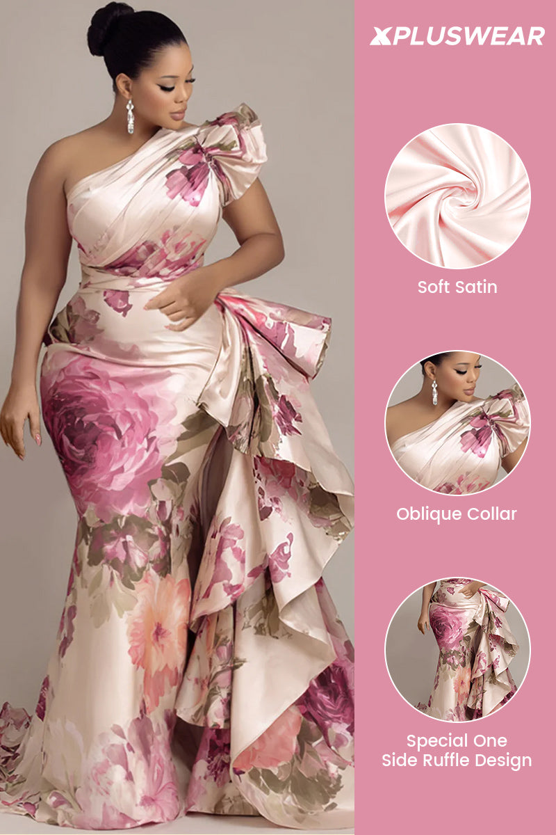 Xpluswear Design Plus Size Formal Pink Oblique Collar One Shoulder Ruffle Elegant Satin Maxi Dresses