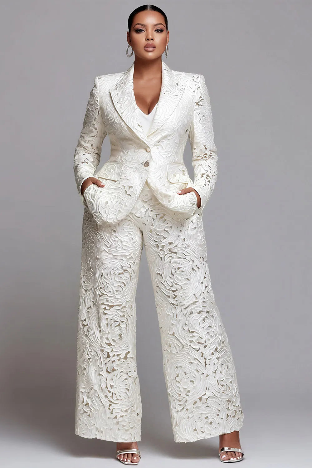 Xpluswear Design Plus Size Formal White Lapel Collar Long Sleeve Pocket Wide Leg Two Piece Pant Suits