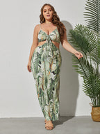 VIP Plus Green Tropical Print Cut Out Tie Front Maxi Dress
