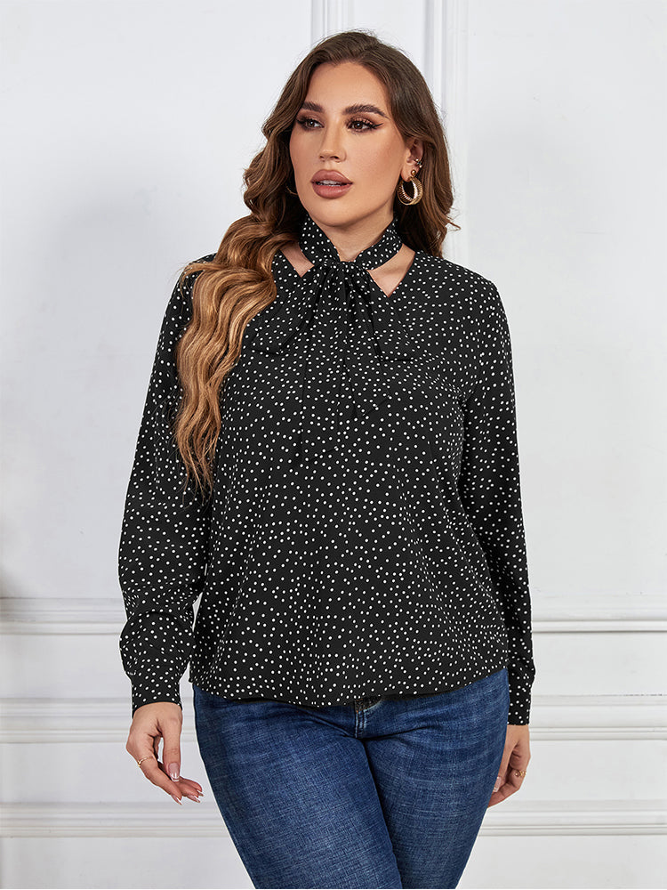 Plus Black Polka Dot Tie Neck Blouse