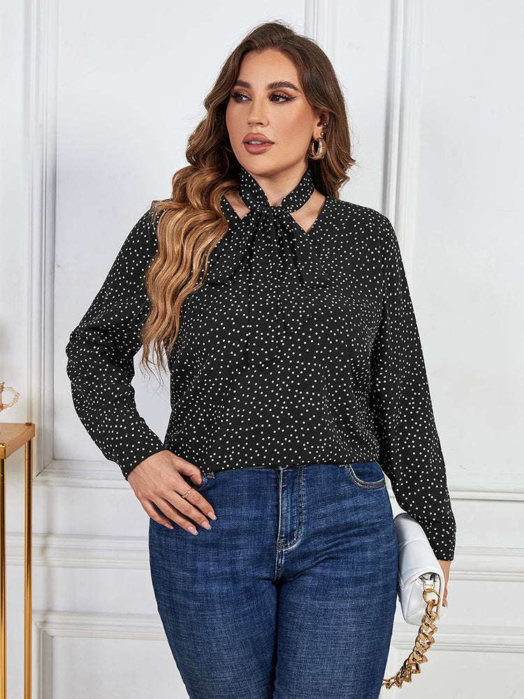 Plus Black Polka Dot Tie Neck Blouse