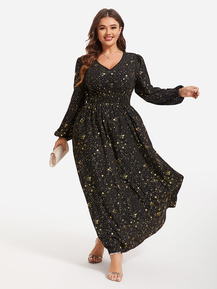 VIP Star Pattern Lantern Sleeve Sequin Maxi Dress
