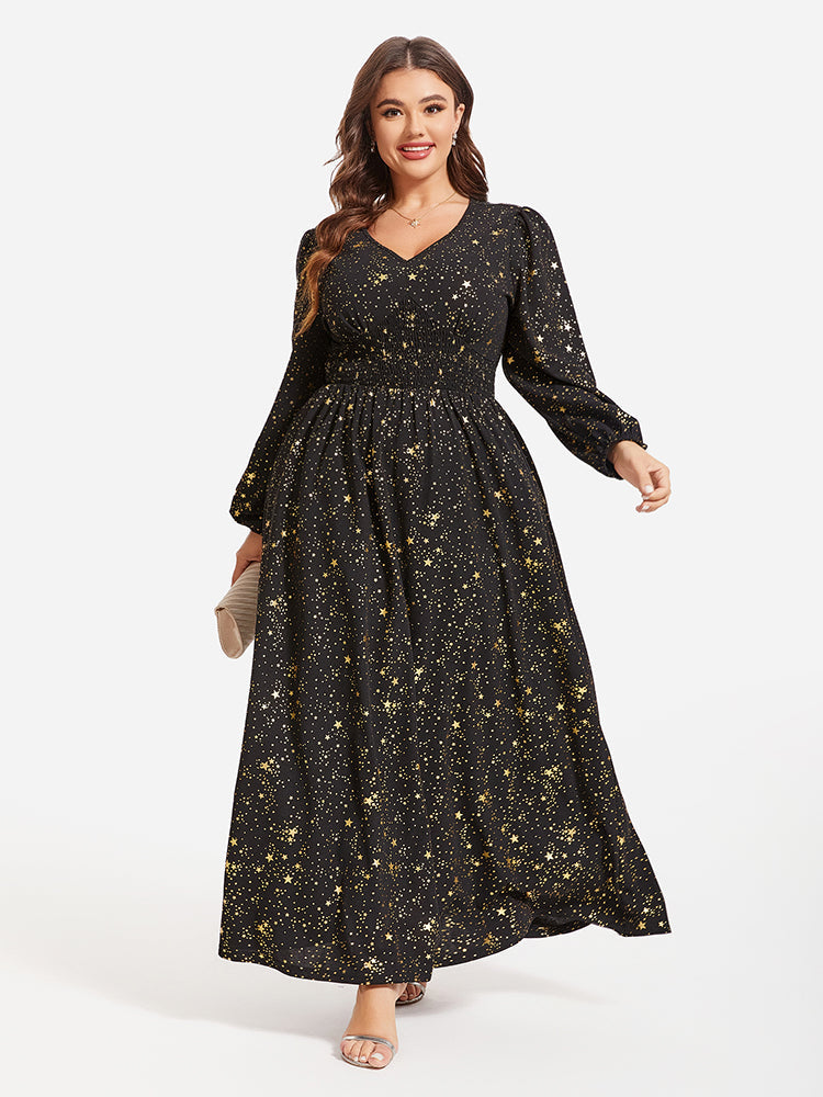 VIP Star Pattern Lantern Sleeve Sequin Maxi Dress