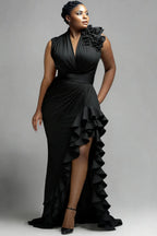 Xpluswear Design Plus Size Formal Black V Neck Split Elegant Ruffle Maxi Dresses