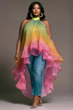 Xpluswear Design Plus Size Vacation Rainbow Gradient Halter Collar Asymmetric Hem Irregular Hem Ruffle Chiffon Blouses
