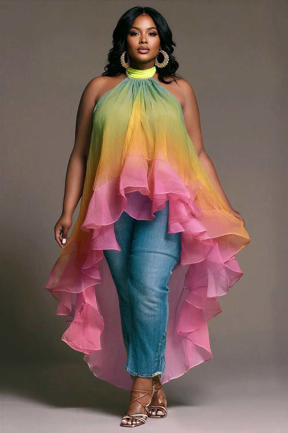 Xpluswear Design Plus Size Vacation Rainbow Gradient Halter Collar Asymmetric Hem Irregular Hem Ruffle Chiffon Blouses