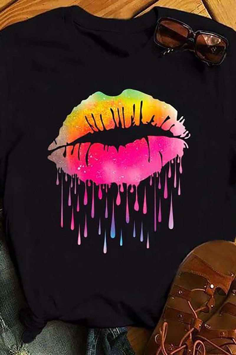 Plus Size Black Casual Lips Print Basic T-Shirts