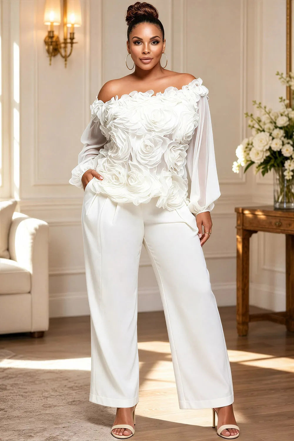 Xpluswear Design Plus Size Business Casual White Off The Shoulder Lantern Sleeve Long Sleeve 3D See Through Chiffon Blouses