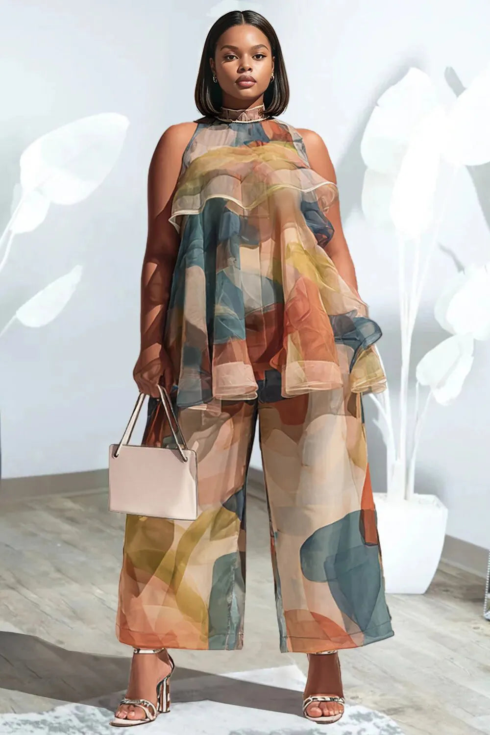 Xpluswear Design Plus Size Vacation Elegant Multicolor All Over Print Halter Collar Ruffle Pocket Chiffon Two Piece Pant Sets