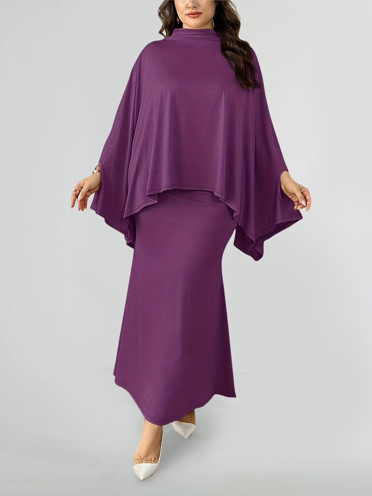 Solid Batwing Sleeve Dress Set