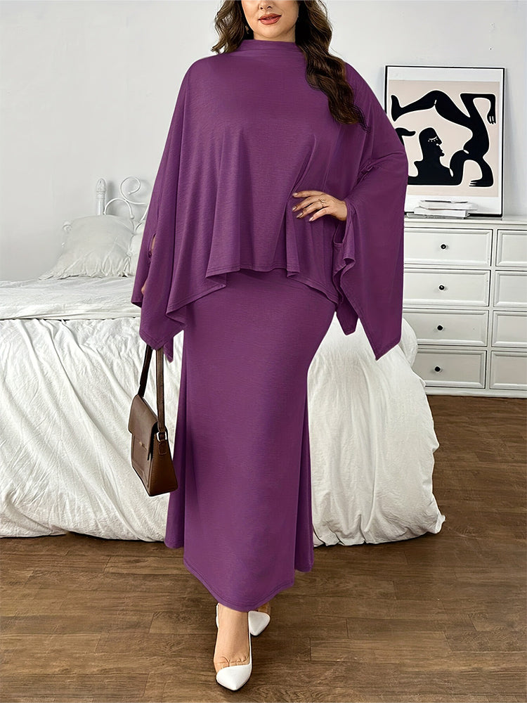 Solid Batwing Sleeve Dress Set