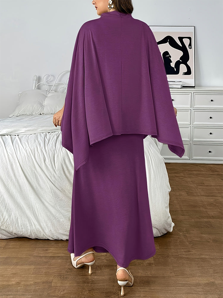 Solid Batwing Sleeve Dress Set