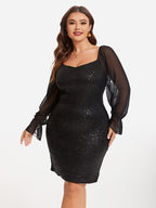 Contrast Mesh Flounce Sleeve Sequin Bodycon Dress