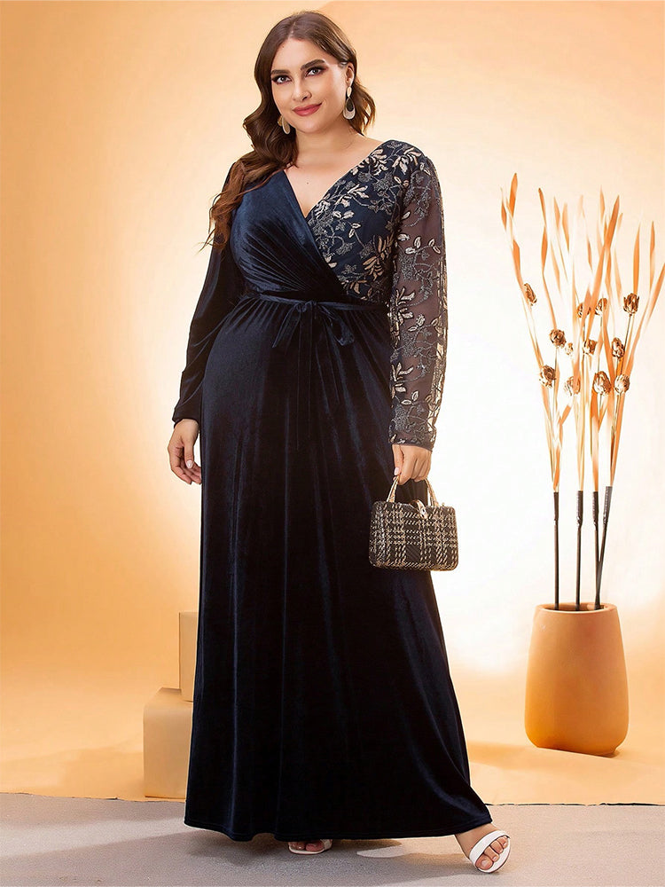V-Neck Patchwork Belted Velvet Dress