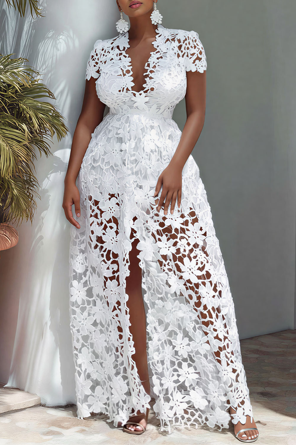 Xpluswear Design Plus Size Vacation White V Neck Short Sleeve Split See Through Maxi Dresses