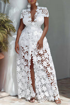 Xpluswear Design Plus Size Vacation White V Neck Short Sleeve Split See Through Maxi Dresses