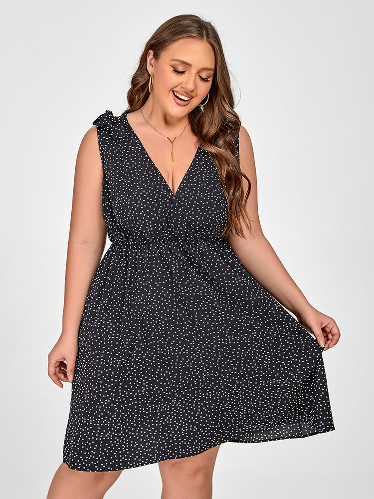 Plus Black Polka Dot V Neck Elastic Waist Dress