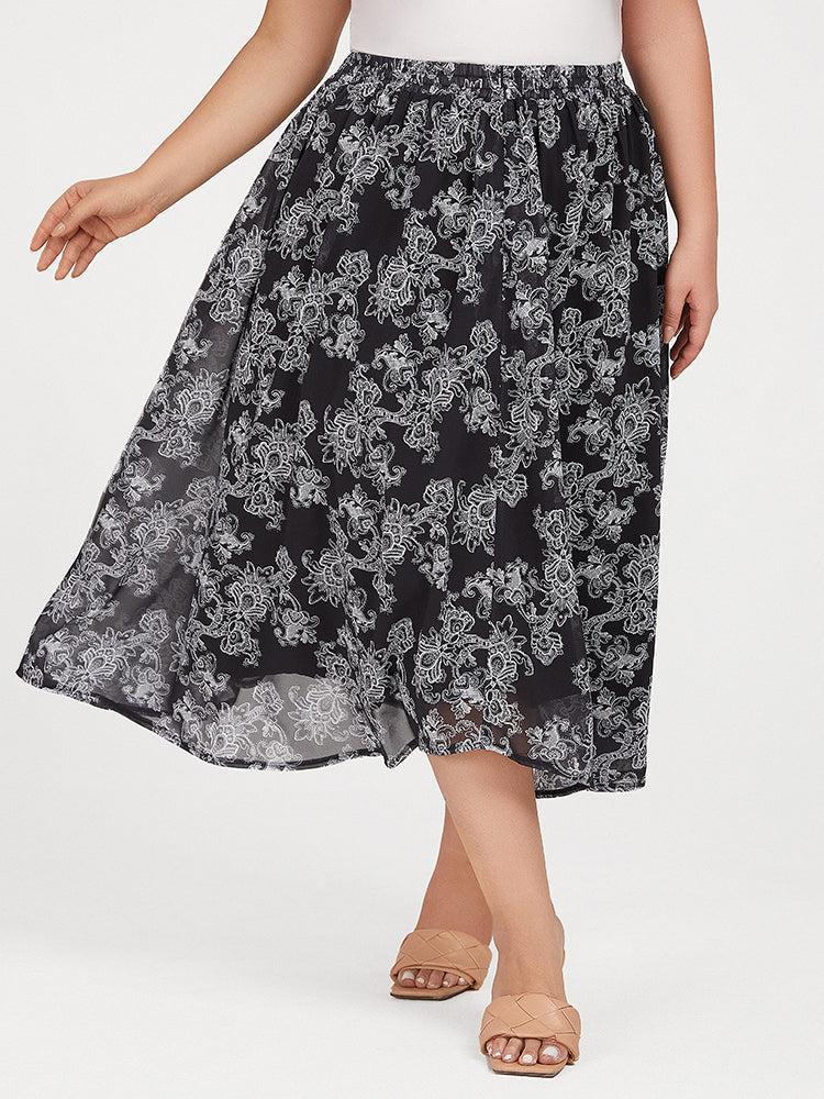 VIP Plus Black Floral Elastic Waist Skirt