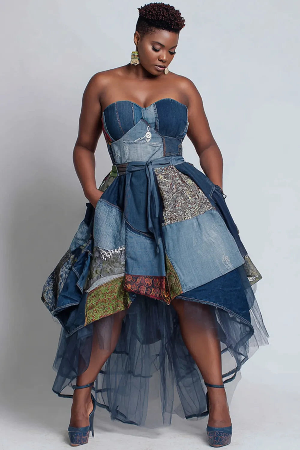 Xpluswear Design Plus Size Party Blue All Over Print Pocket High Low Hem Tulle Midi Dresses
