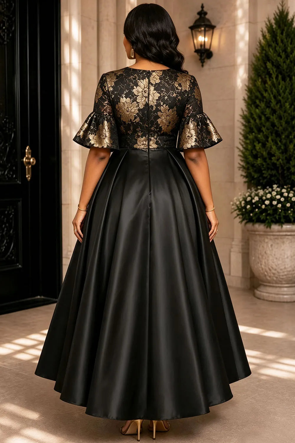 Xpluswear Design Plus Size Formal Black Foil Print Round Neck Puff Sleeve Short Sleeve With Skirt Overlay Satin Midi Dresses [Pre-Order]