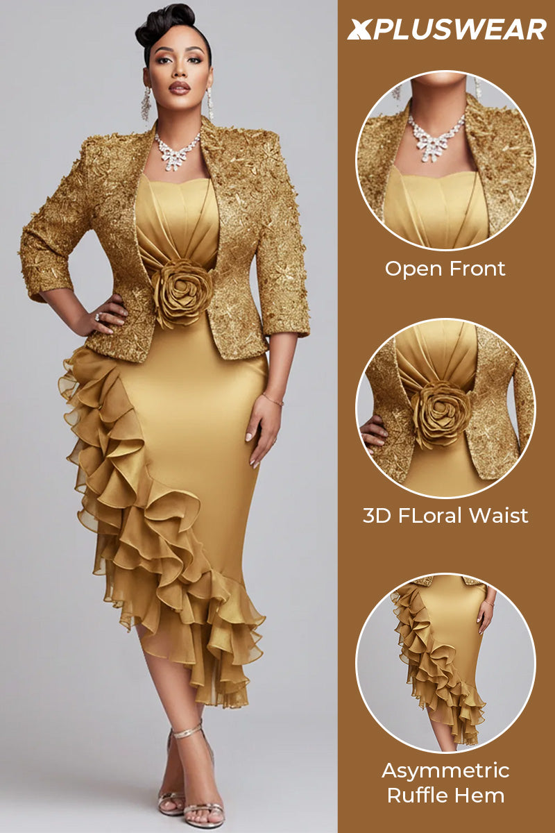 Xpluswear Design Plus Size Churchs Gold 3/4 Sleeve Ruffle Elegant 3D Two Piece Dress Set
