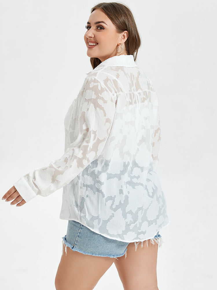 Solid Jacquard Drop Shoulder Pocket Button Front Blouse