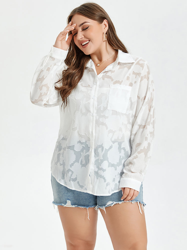 Solid Jacquard Drop Shoulder Pocket Button Front Blouse