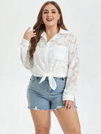 Solid Jacquard Drop Shoulder Pocket Button Front Blouse