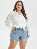 Solid Jacquard Drop Shoulder Pocket Button Front Blouse