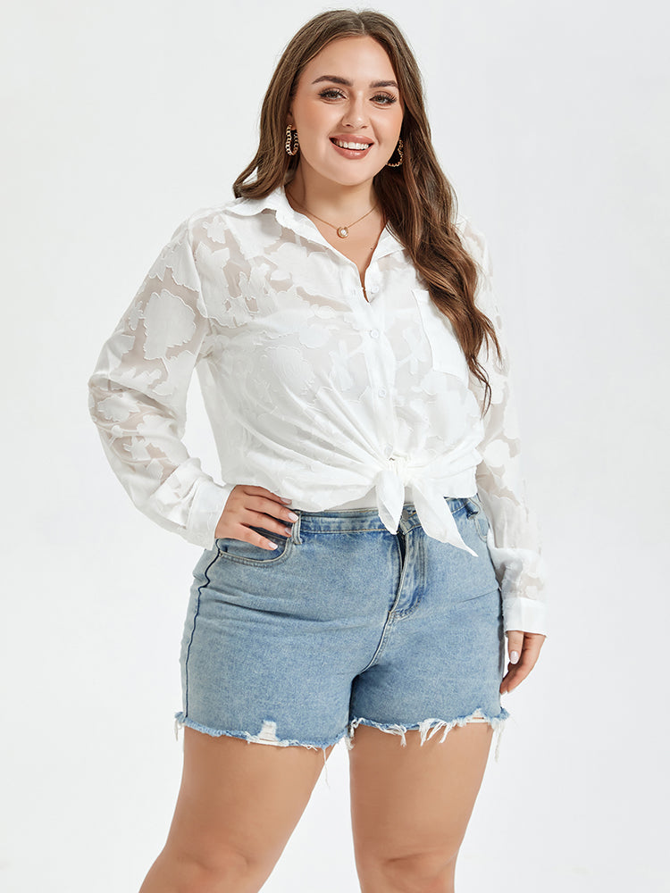 Solid Jacquard Drop Shoulder Pocket Button Front Blouse