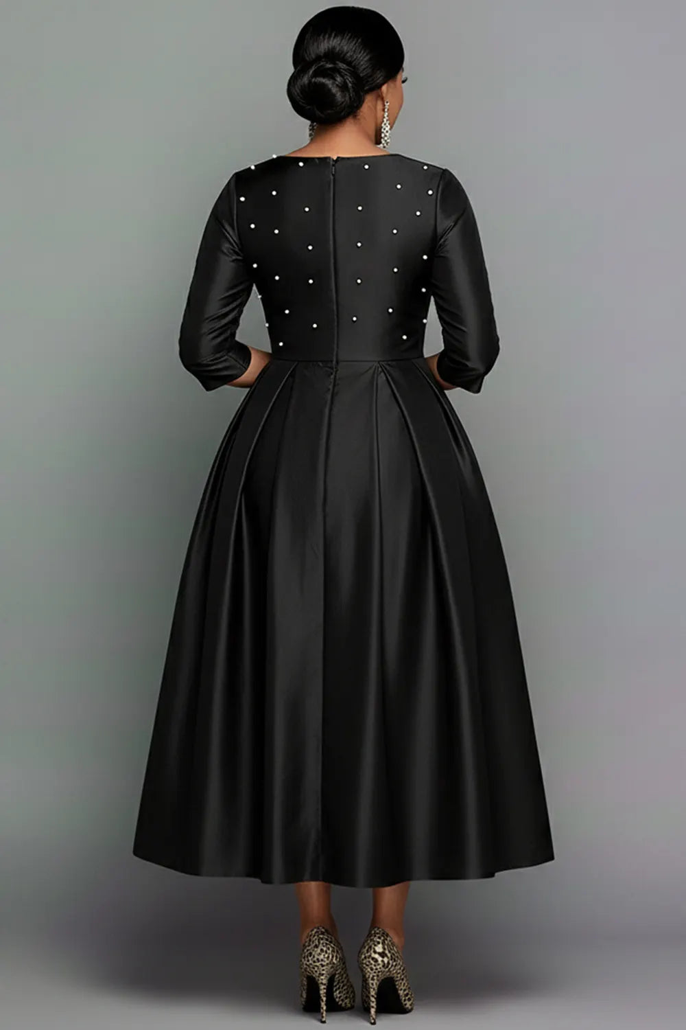 Xpluswear Design Plus Size Formal Black Round Neck Long Sleeve Pearls Elegant Pocket Satin Midi Dresses