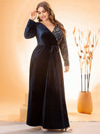 V-Neck Patchwork Belted Velvet Dress