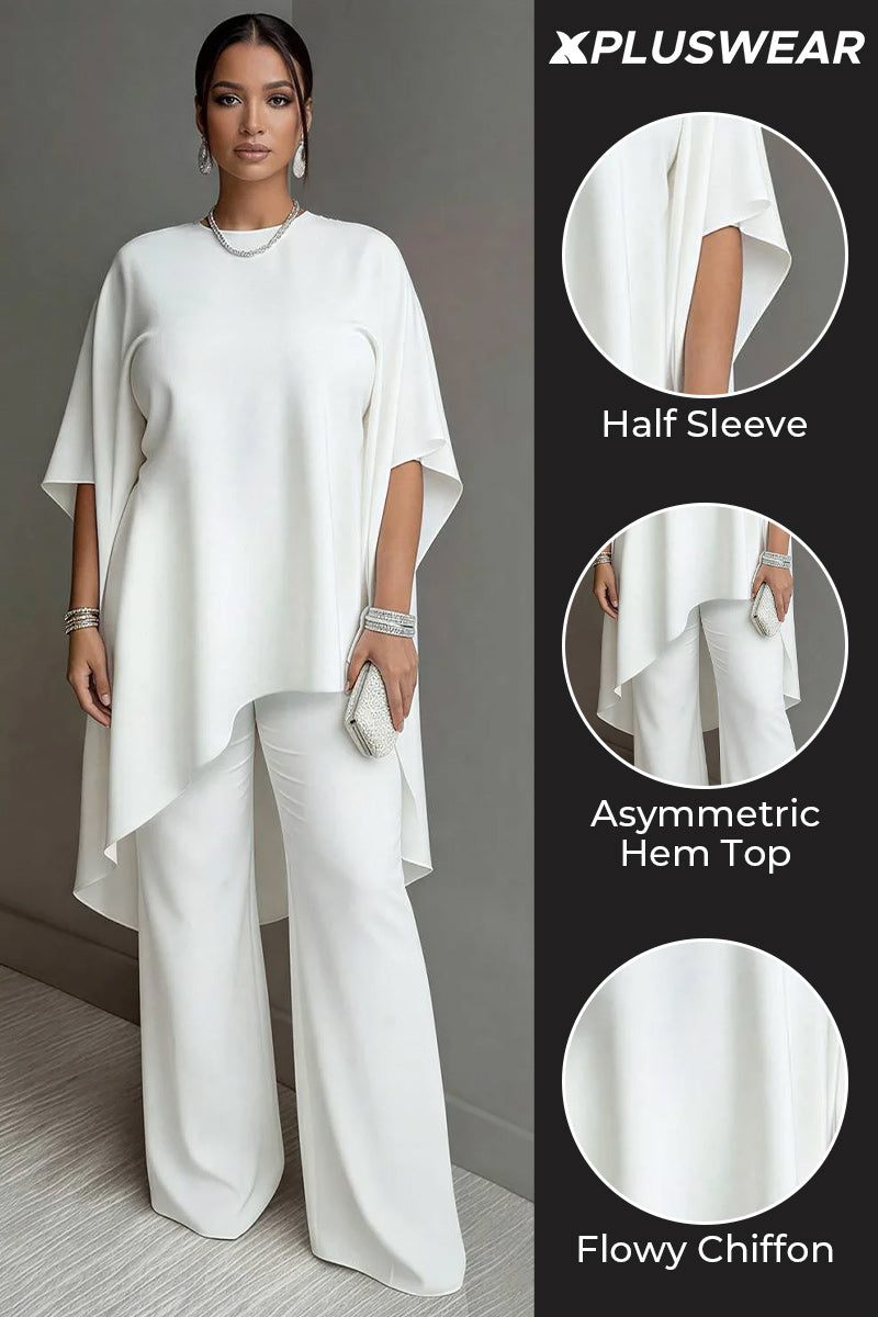 Xpluswear Design Plus Size Vacation White Round Neck Flare Half Sleeve Asymmetric Hem Pocket Two Piece Pant Sets